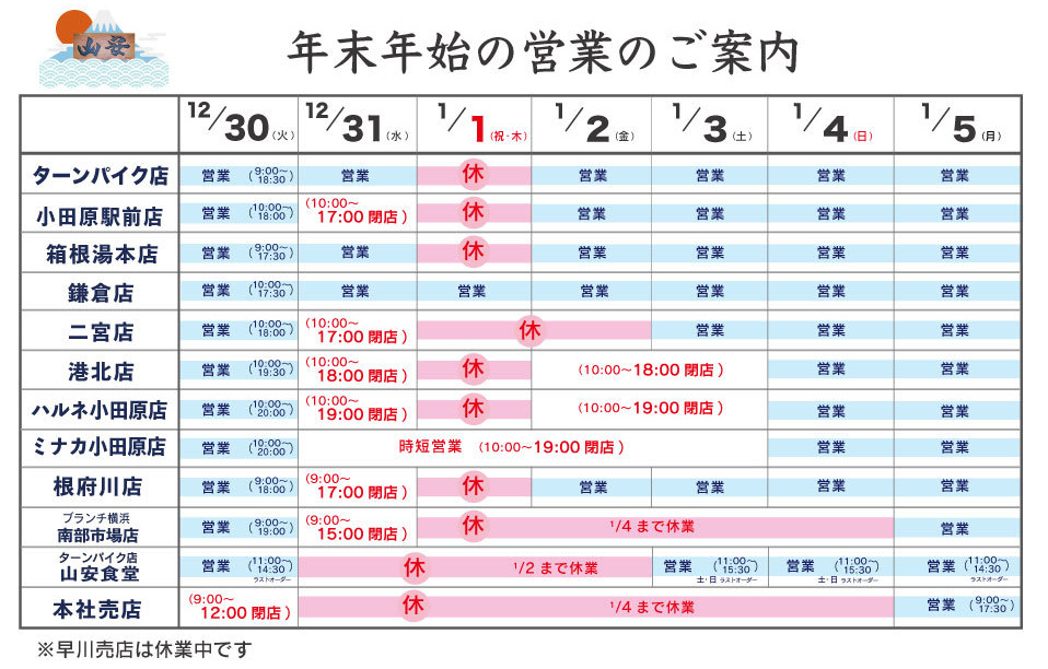年末年始の営業のご案内